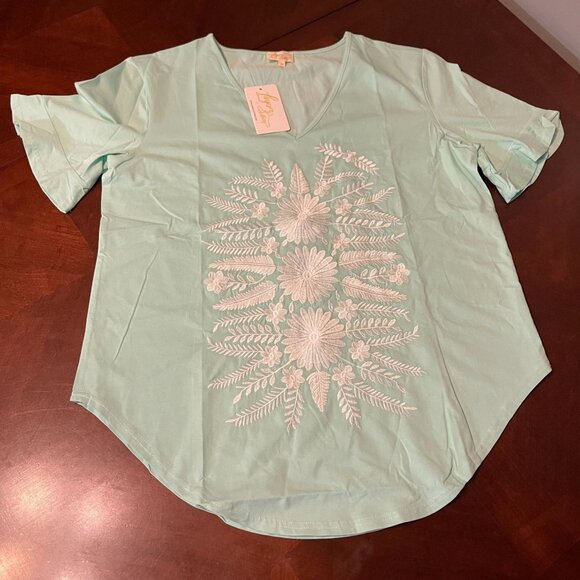 Layerz Clothing Embroidered Top Floral  Tee Ruffle Sleeves Mint Green - Picture 11 of 11